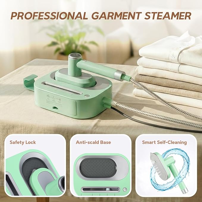 2 In 1 Steamer for Clothes: 1550W Powerful Steamer with 1100ml Detachable Tank, 30s Fast Heat-Up, Horizontal & Vertical Use, Portable Wrinkle Remover for Clothes Drapes Bedding (Green)