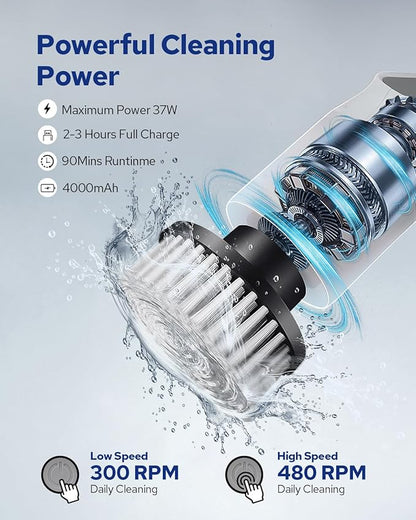 Benlari Electric Spin Scrubber- 2025 Upgraded Dual Switch Power Shower Scrubber for Tile Tub Glass Wall Floor Car - Cordless Cleaning Brush for Bathroom Kitchen Bedroom Toilet (White)