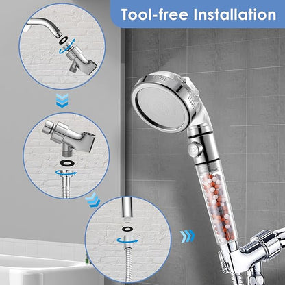High Pressure Handheld Shower Head with Filter, Shower Head Kits with Hose and Bracket, Hard Water Softener Water Purifying Filtered Showerheads with Filter Beads