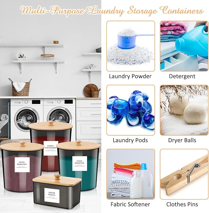 Threehoney 3+1 Pack Laundry Pods Container & Dryer Sheet Holder with Lids, Scoops & Labels - Plastic Laundry Storage Jars for Powder, Pods, Detergent, Room Organization