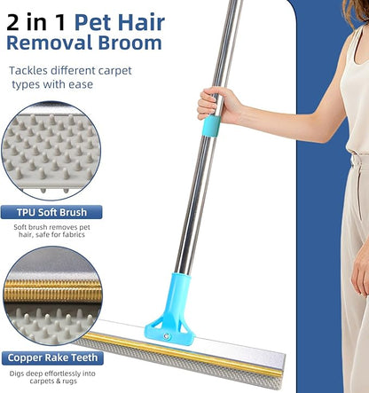 Carpet Rake for Pet Hair Removal - 54" Adjustable 2 in 1 Carpet Broom with Copper Rake Scraper & TPU Brush, Reusable Cat Dog Hair Remover Tool for Deep Cleaning Carpets, Rugs, Mats, and Stairs (Blue)