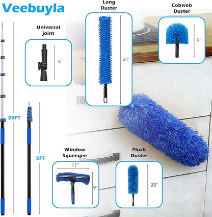 25FT Reach High Ceiling Duster Kits with 5-20FT Adjustable Pole - Includes Extra Long Duster, High Ceiling Duster, Rotatable Window Squeegee & Cobweb Duster for Ceiling Fans and Whole House Cleaning