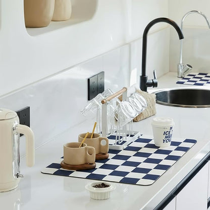 Ohocut Checkered Dish Drying Mat for Kitchen Counter, Coffee Bar Station Accessories, Retro Cute Aesthetic Modern Absorbent Drainer Mat Kitchen Drying Mat Easy Clean (Navy Blue, 19" x 12")