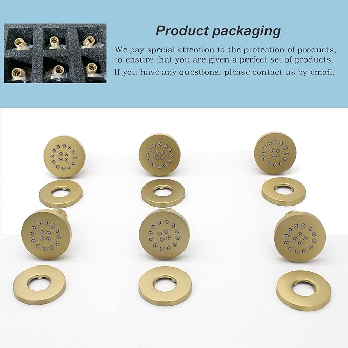 Brass Round Shower Body Spray Jets 6 Pack, HOMEDEC Spa Massage Nozzle 2inch Rain Showerhead Wall Mount Rainfall Shower Head Sprayer, Brushed Gold
