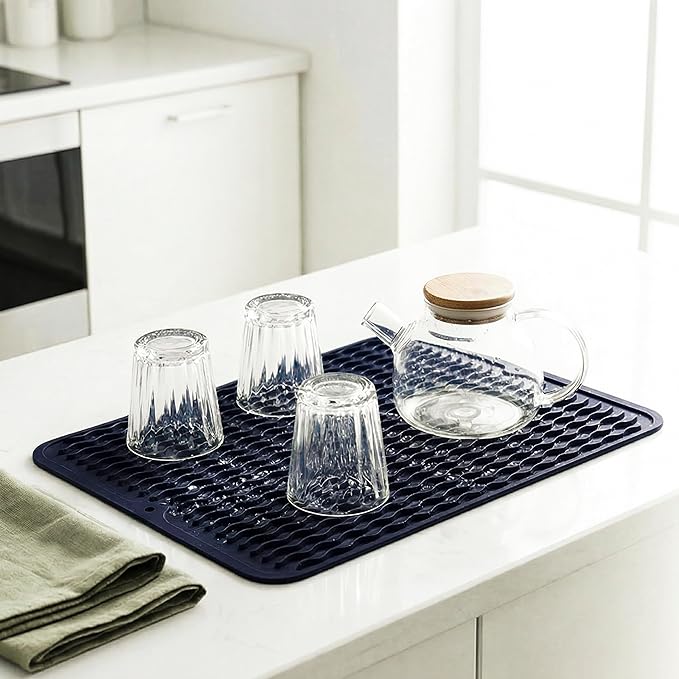 MicoYang Silicone Dish Drying Mat for Multiple Usage,Easy clean,Eco-friendly,Heat-resistant Silicone Mat for Kitchen Counter or Sink,Refrigerator or drawer liner Navy Blue L 16 inches x 12 inches