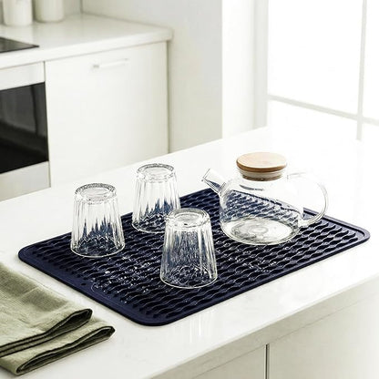MicoYang Silicone Dish Drying Mat for Multiple Usage,Easy clean,Eco-friendly,Heat-resistant Silicone Mat for Kitchen Counter or Sink,Refrigerator or drawer liner Navy Blue L 16 inches x 12 inches