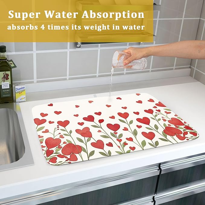 Valentine's Day Dish Drying Mat 18 x 24 Inch With Absorbent Reversible Microfiber Valentine Red Hearts Leaf Drying Anniversary Wedding Dish Drainer Mat Fast Dry For Kitchen Dining Room Decor