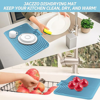 Dish Drying Mat for Kitchen Counter, with Built-in Drain Lip, Food-Grade Silicone, Easy Clean Pad for Countertop Protection, Multi-Functional Use (18x11.8, Light Blue)