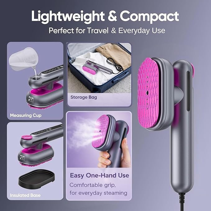 Handheld Travel Steamer for Clothes, Portable Iron Steamer, Garment Steamer & Iron 2 in 1, 15s Fast Heat-Up, 1200W Power, Travel Size with Ceramic Heat Panel, Drip-Free, Auto Shut-Off, 110-120V