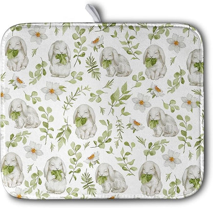 Easter Bunny Floral Drying Mat for Kitchen Counter Spring Easter Rabbits Green Leaves Dry Dish Mat Absorbent Microfiber Dish Draining Washable Dish Drainer Rack Mat 16x18 Inch