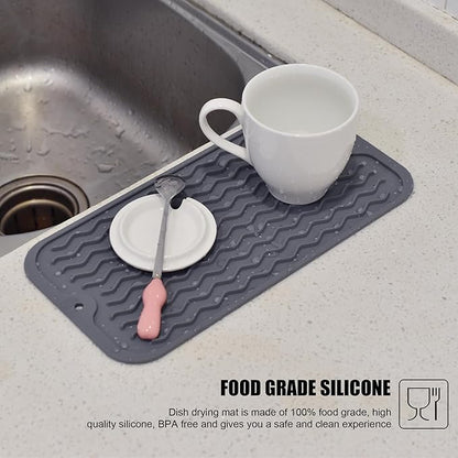 Silicone Dish Drying Mat, Non-Slip Easy Clean Sink Mat Large Heat-resistant Dish Drainer Mat for Kitchen Counter, Sink, Refrigerator or Drawer liner (12" x 6", GREY)