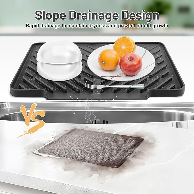 Silicone Dish Drying Mat for Kitchen Counter Essentials with Wider Drain Spout, Non-Slip Heat Resistant Dish Drying Pad with Hanging Hole for Sink RV Camper Travel Multipurpose Drainer Mat Black