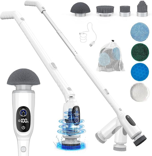 Electric Spin Scrubber, 200Mins Runtime Bathroom Scrubber with 3-Speed & LCD Display, 53IN Extendable Handle, Full-Body IPX7 Shower Scrubber with 8 Heads for Bathtub Kitchen Floor Grout