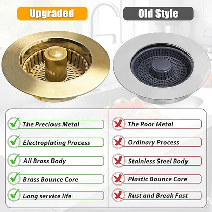 Anlige Kitchen Sink Drain Strainer, 3 in 1 Pop Up Kitchen Sink Stopper, with an Extra Basket Strainer, Universal for US Standard 3-1/2 Inch, Brushed Gold