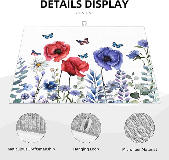 Independence Day Dish Drying Mat 18x24 For Kitchen Counter 4th Of July Blue Red Floral Kitchen Drying Mat Memorial Day Decorative patriotic Flower Drying Pad for Kitchen Decor,Dining Room