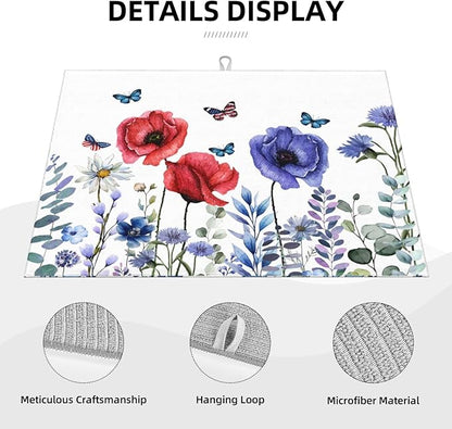 Independence Day Dish Drying Mat 18x24 For Kitchen Counter 4th Of July Blue Red Floral Kitchen Drying Mat Memorial Day Decorative patriotic Flower Drying Pad for Kitchen Decor,Dining Room