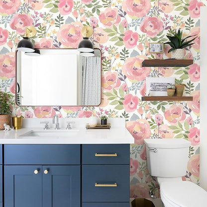Orainege Floral Wallpaper Peel and Stick Wallpaper 16.9in x118.1in Peony Floral Contact Paper Removable Self Adhesive Wall Paper for Cabinets Walls Shelf Liner, Peachy