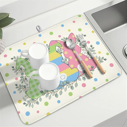 Easter Bunny Dish Drying Mat for Kitchen Counter Cute Rabbit Colorful Polka Dots Pattern Drying Mat 18x24 Inch Spring Holiday Absorbent Dish Drainer Mat Kitchen Accessories
