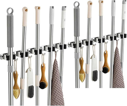 2 Pack Broom Holder Wall Mount, Stainless Steel Broom Hanger Wall Mount, Heavy Duty Mop and Broom Holder Tool Racks Utility Hooks for Laundry Room Garden Garage, Black (5 Racks and 4 Hooks)