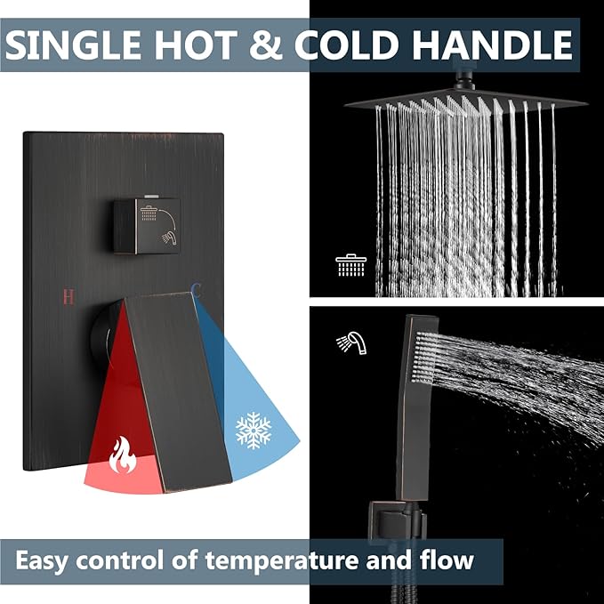Aolemi Ceiling Mount Shower System Rain Shower Head with Handheld Spray High Pressure Shower Faucet Set Rough-in Valve Shower Trim Kit Included Bathroom Oil Rubbed Bronze 10 Inch Ceiling Shower Head