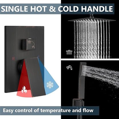 Aolemi Ceiling Mount Shower System Rain Shower Head with Handheld Spray High Pressure Shower Faucet Set Rough-in Valve Shower Trim Kit Included Bathroom Oil Rubbed Bronze 10 Inch Ceiling Shower Head