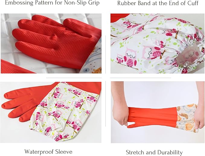 Myungjin Fleece-lined, Long Cuff, Reusable Waterproof Household Dishwashing Non-Slip Cleaning Rubber Gloves (1)
