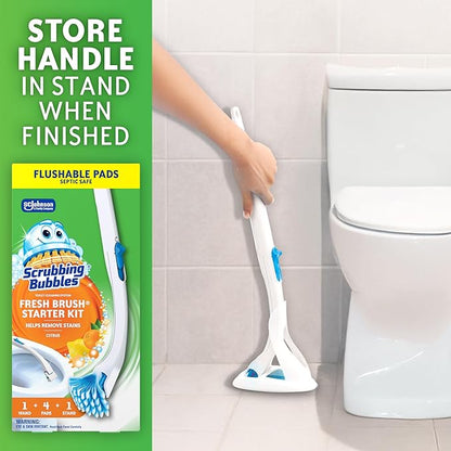 Scrubbing Bubbles Toilet Bowl Cleaning System with Flushable & Disposable Cleaner Refill Pads, Fights Odors and Helps Remove Limescale & Hard Water Stains, Citrus Scent, 1 Wand + 4 Refills + 1 Stand