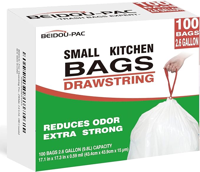 BEIDOU-PAC Trash Bags 2.6 Gallon Drawstring, 100 Count, Multifold Roll Garbage Bags, Small Kitchen Trash Bags, Odorless & Extra Thick White Plastic Food Scrap Bag for Home Office Bathroom Kitchen Bins