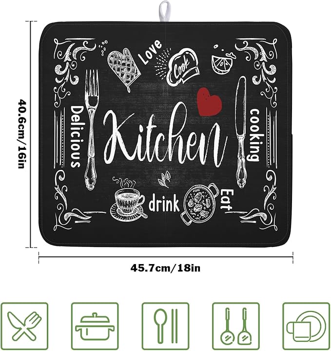 Dish Drying Mats for Kitchen Counter 16 x 18 Inch, Kitchen Drying Mat,Black Coffee Bar Dishes Pad Dish Drainer Rack Mats Absorbent Fast Dry Kitchen Accessories