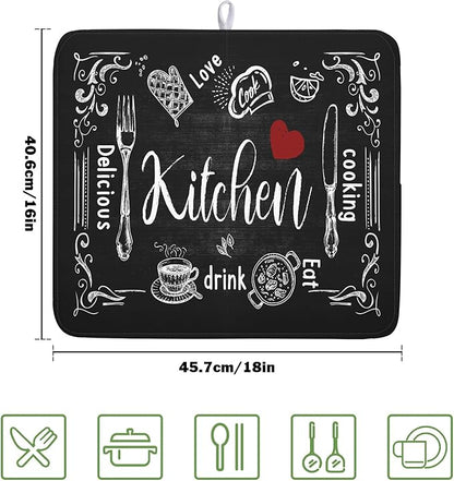 Dish Drying Mats for Kitchen Counter 16 x 18 Inch, Kitchen Drying Mat,Black Coffee Bar Dishes Pad Dish Drainer Rack Mats Absorbent Fast Dry Kitchen Accessories