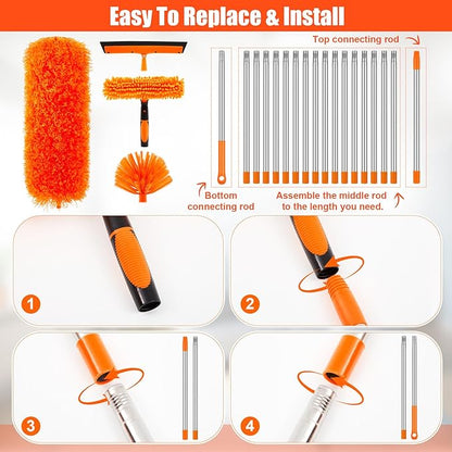 30 Feet High Reach Duster Kit with 2-24 ft Extension Pole High Ceiling Dusting and Window Cleaning Kit with Window Washer & Squeegee, Cobweb Duster, Washable Head for Ceiling Fan(Orange)