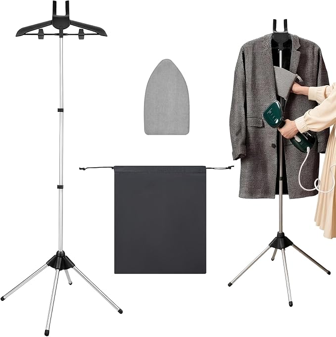 Steamer Stand for Clothes with Ironing Gloves & Carrying Bag Portable Adjustable Garment Steamer Stand Handheld Steamer Hanger Rack for Travel Home, Black