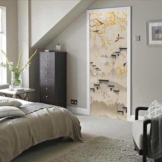 A.Monamour 3D Door Stickers for Interior Doors Flowers Birds Trees and Buildings in Ink Chinese Style Vinyl Waterproof Self Adhesive Door Mural Decals for Bedroom Office Bathroom 85x215cm