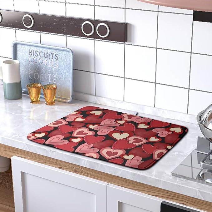 Valentine Dish Drying Mat for Kitchen Counter Red Black Love Heart Drying Pad Microfiber Absorbent Coffee Bar Mat Heat Resistant Countertop Protector Dishes Drainer Mat 16x18 Inch