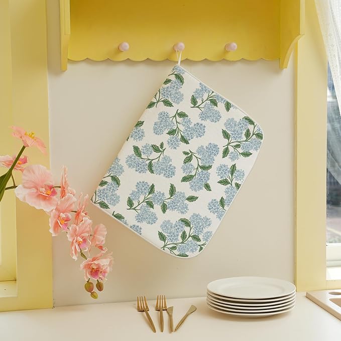 Blue Sage Green Hydrangea Dish Drying Mats 18x24 Inch Floral Mats Spring Holiday Kitchen Decor Absorbent Drying Dish Pad Rack Drainer Mats for Kitchen Dining Room