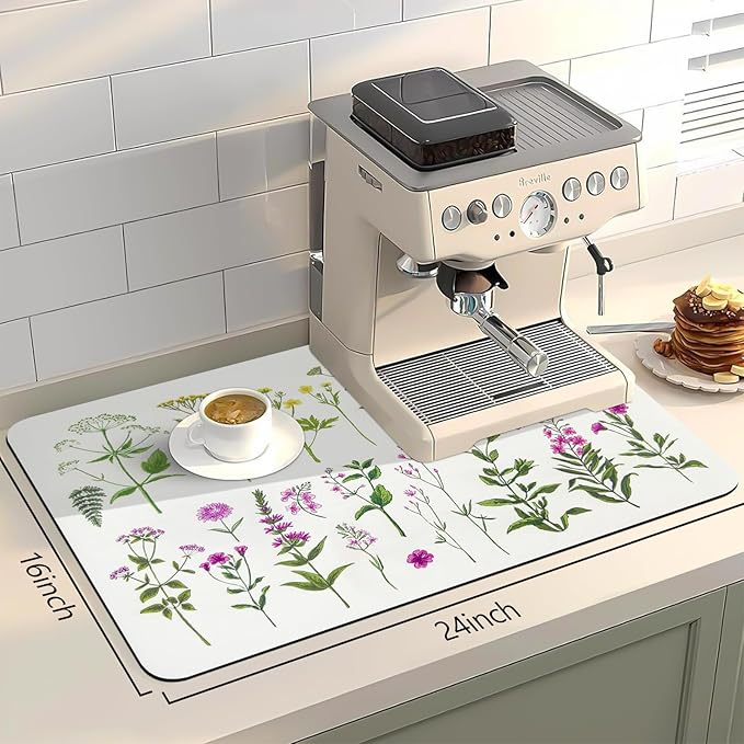 Bloss Dish Drying Mat, Spring Flower Printed Coffee Bar Mat, Kitchen Counter Mat, Hide Stain Rubber Backed Dish Drying Pad/Spring Decor for Desk(16.1"x24.1", 2-Row Flower)