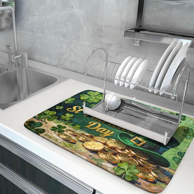St Patrick's Day Dish Drying Mat for Kitchen Counter 18x24 Gold Green Lucky Clover Hat Coin Happy Holiday Absorbent Reversible Microfiber Drying Mats Kitchen Countertop Protector Dishes Drainer Pad