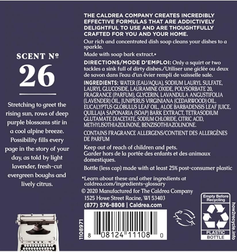 Caldrea Dish Soap, Biodegradable Dishwashing Liquid made with Soap Bark and Aloe Vera, Lavender Cedar Leaf, 16 oz , 3 Pack