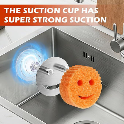 Stainless Steel Smiley Face Sponge Daddy Holder, Brushed Silver Sink Caddy Organizer with Suction Cup Installation for Kitchen, Keep Happy Face Sponge Clean and Dry