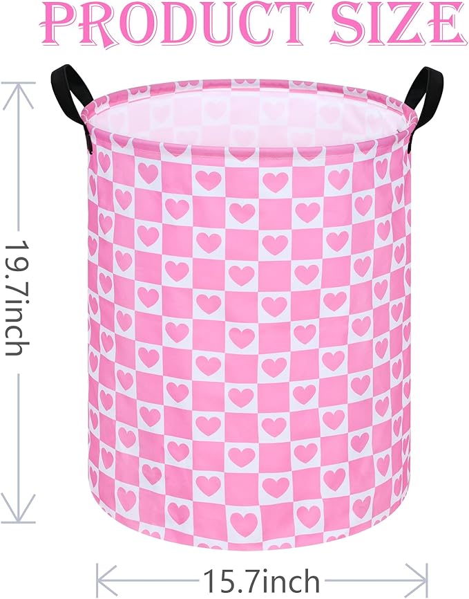 19.7 Inch Round Pink Valentine's Day Laundry Clothes Hamper Laundry Basket with Handles,Storage Organizer Bins Laundry Gift Basket for Room, Bedroom Decor (Pink Heart)