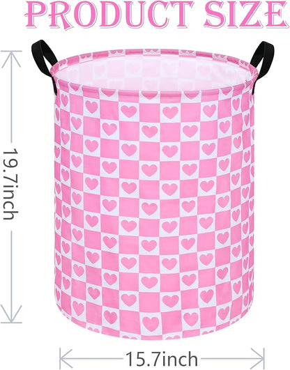 19.7 Inch Round Pink Valentine's Day Laundry Clothes Hamper Laundry Basket with Handles,Storage Organizer Bins Laundry Gift Basket for Room, Bedroom Decor (Pink Heart)