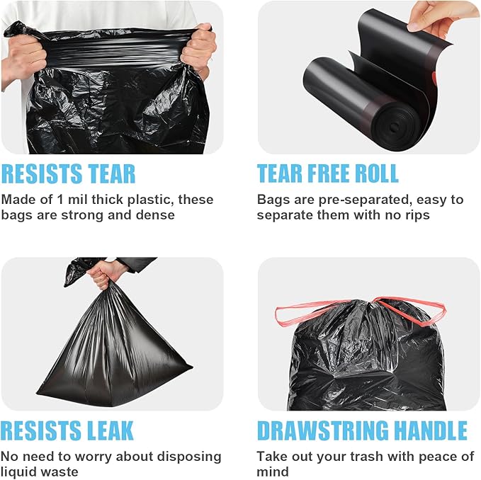 Pre-Separated Drawstring Trash Bags for 15 Gallon Trash Cans, 100 Count, Ultra Strong Black Tall Kitchen Garbage Bags, Tear-Free Large Trash Liners for Lawn & Yard