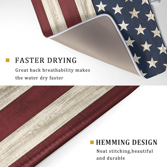 4th of July Patriotic Independence Dish Drying Mat For Kitchen CounterRustic Stripes America Flag Stars Microfiber Absorbent Drying Mats Reversible Kitchen Countertop Drainer Pad 18x24 Inch