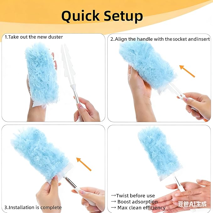 Heavy Duty Duster Refills, Disposable Dusters Kit for Cleaning Dusting Furniture Blind Ceiling Fan, Multi Surface 360 Feather Duster(10)+3FT Extended Handle（1） (Blue)