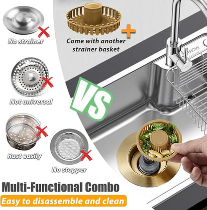 Anlige Kitchen Sink Drain Strainer, 3 in 1 Pop Up Kitchen Sink Stopper, with an Extra Basket Strainer, Universal for US Standard 3-1/2 Inch, Brushed Gold