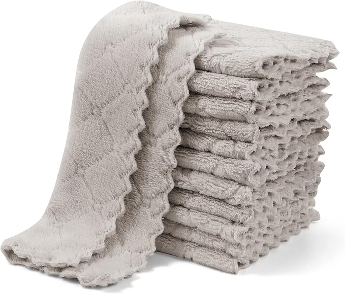 UMANI 12 Pack Kitchen Dish Cloths, Ultra Soft Absorbent Quick Drying Dish Towels, Nonstick Oil Microfiber Cleaning Cloth, Machine Washable Coral Fleece Cleaning Rags (Grey)