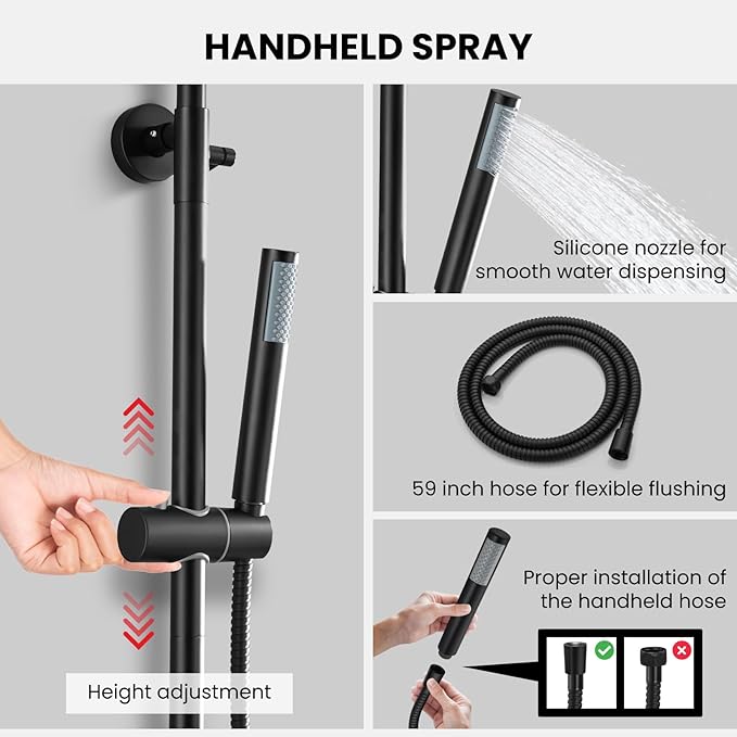 gotonovo Outdoor Shower Fixtures SUS304 Stainless Steel Rain Shower Kit Faucet High Pressure Wall Mount 2 Dual Function 8 Inch Showerhead and Handheld Spray Combo, Single Handle, Matte Black