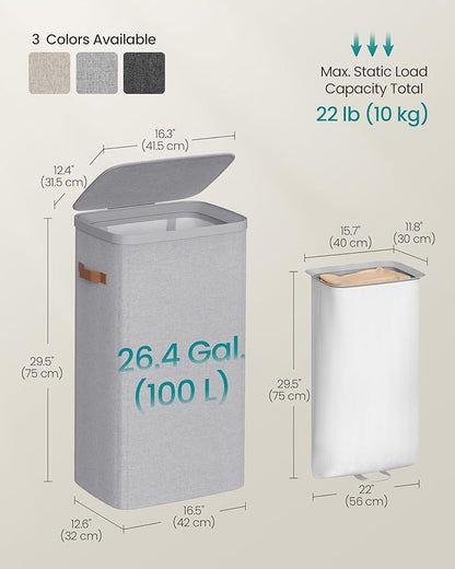 SONGMICS Laundry Basket, 26.4 Gal. Laundry Hamper, Easy Assembly, with Lid and Handles, Removable Liner, 16.5 x 12.6 x 29.5 Inches, Dove Gray ULCB811GD01