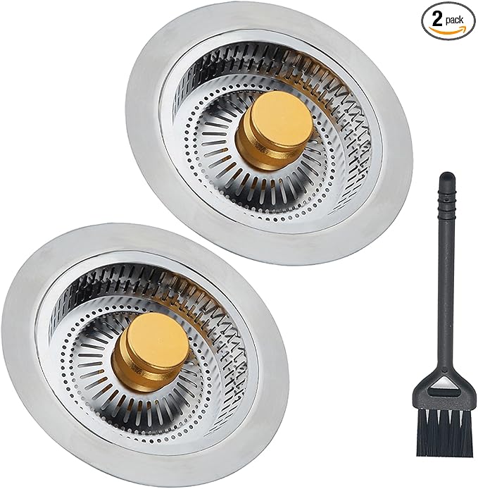 Kitchen Sink Drain Strainer, Pop-up Sink Stoppers, 3 in 1 Sink Drain Strainer, Upgraded Larger Sink Strainer Filter Basket, Cleaning Brush for US Sink Standard 3-1/2 Inch Drain Strainers
