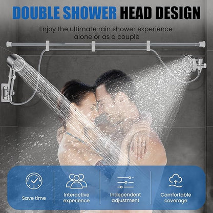 DEVA FRONSA Dual Shower Head for Couples, Double Shower System, 6+3 Adjustable Spray Modes, High Pressure, 31.5-80.7" Extendable Rod, 78.7" Hose